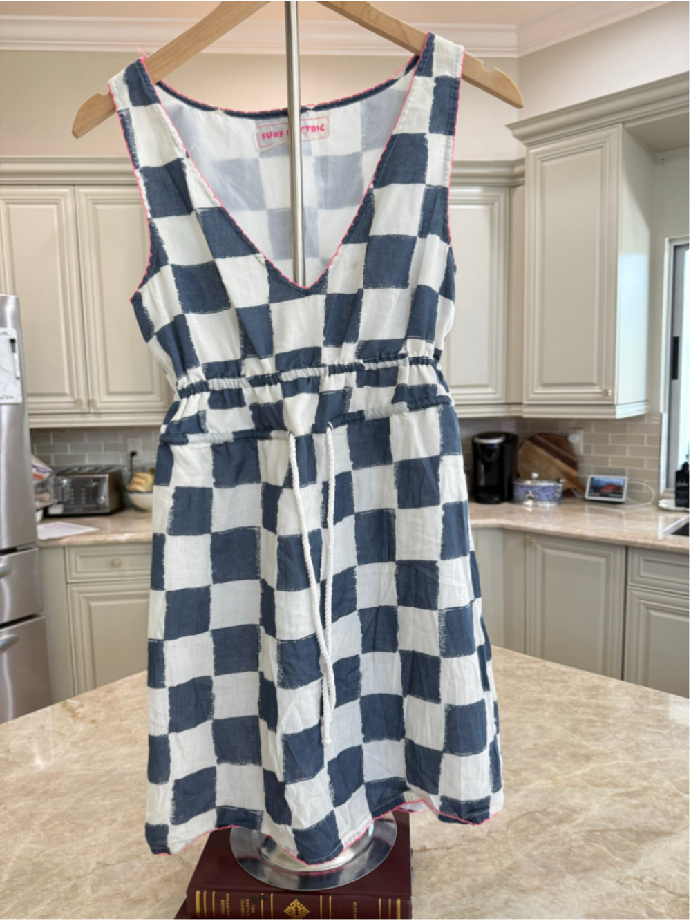 Surf Electric Small cotton Blue White Checkered Dress drawstring mini 90s